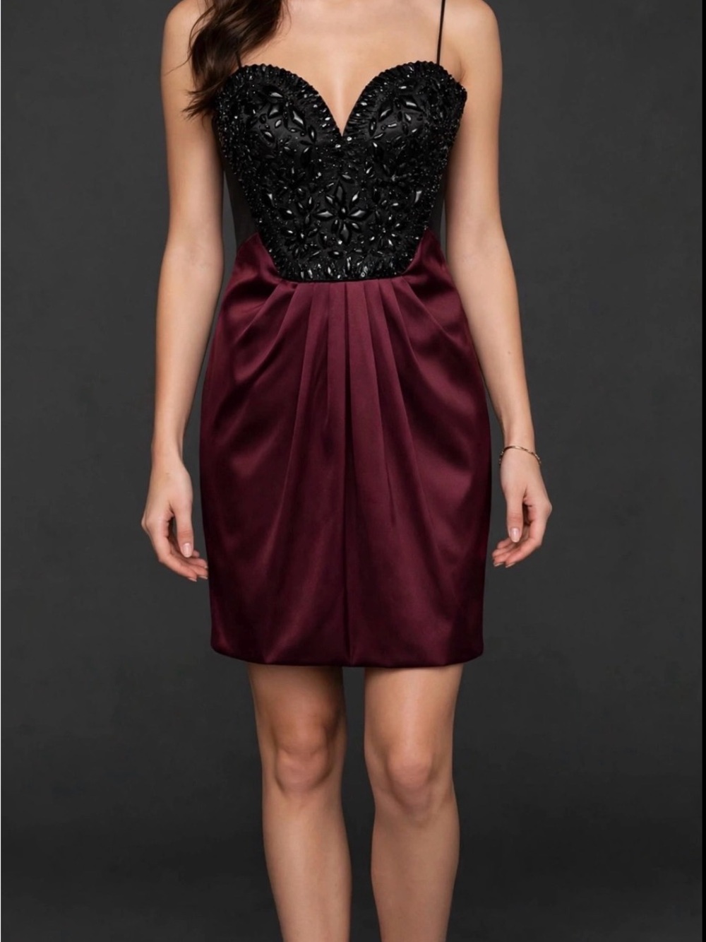 Mignon Black Beaded Sweetheart Mini with Burgundy Satin Skirt